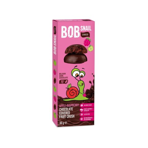 PRZEKĄSKA CHOCO JABŁKO - MALINA W CZEKOLADZIE CIEMNEJ BELGIJSKIEJ BEZ DODATKU CUKRÓW BEZGLUTENOWA 30 g - BOB SNAIL
