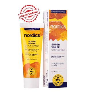 PASTA DO ZĘBÓW REMINERALIZUJĄCA SUPER WHITE Z PŁYNNYM SZKLIWEM BEZ FLUORU 75 ml - NORDICS