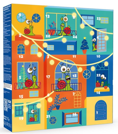 KALENDARZ ADWENTOWY - PRZEKĄSKI I GALARETKI OWOCOWE Z ZABAWKAMI BEZ DODATKU CUKRÓW BEZGLUTENOWE 97 g - BOB SNAIL (PRODUKT SEZONO