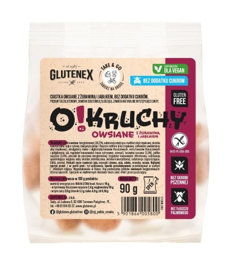 Przecena CIASTKA OWSIANE Z ŻURAWINĄ I JABŁKIEM BEZ DODATKU CUKRÓW BEZGLUTENOWE O!KRUCHY 90 g - GLUTENEX